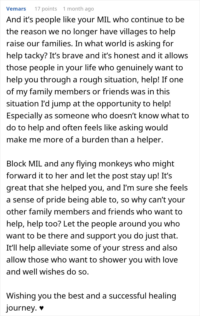 Comment defending a woman battling cancer asking for help, criticizing MIL for calling it tacky and dramatic. - 23