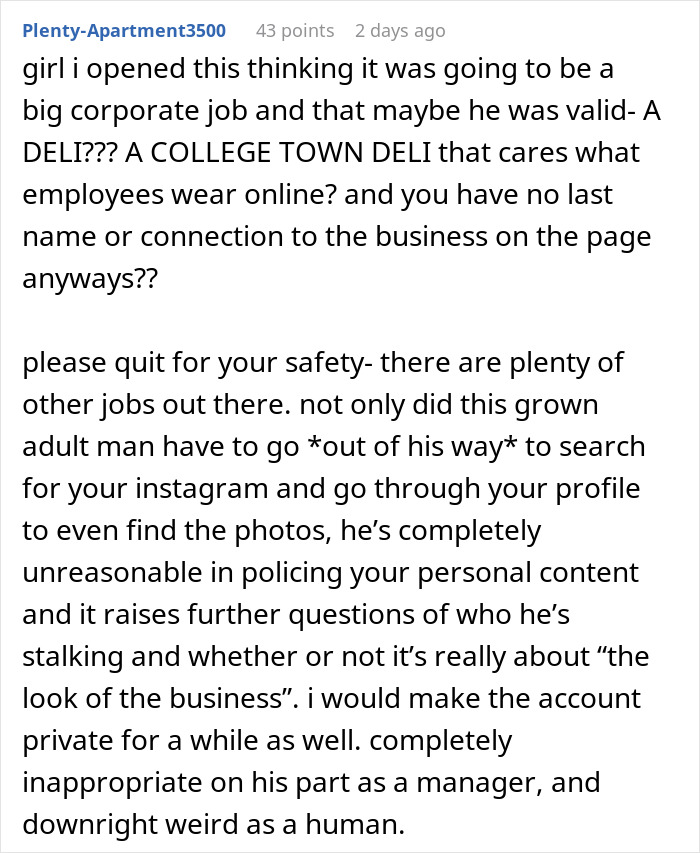 Comment criticizing a boss who doesn’t want employee bikini pictures posted, highlighting privacy and workplace boundaries concerns. - 22