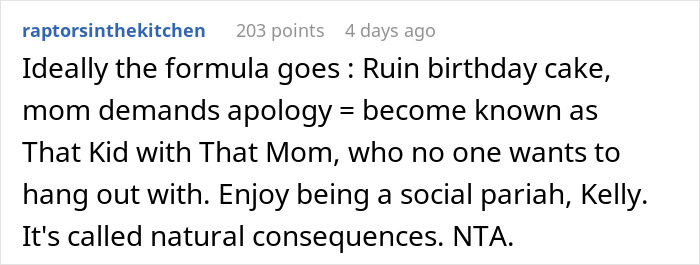 Screenshot of a social media comment discussing a mom inviting an unwanted guest to her daughter's party and demanding an apology. Screenshot of a social media comment discussing a mom inviting an unwanted guest to her daughter's party and demanding an apology.
