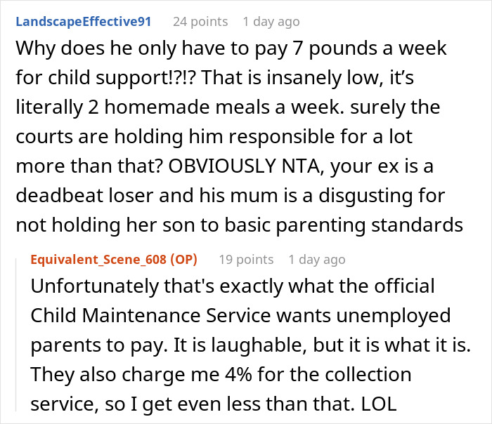 Reddit thread discussing child support payments and a mom clapping back at ex’s family with screenshots. - 22