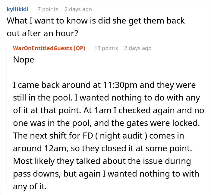 Reddit user discussing an obnoxious Karen allowed to use the hotel pool after it was officially closed late at night. - 19