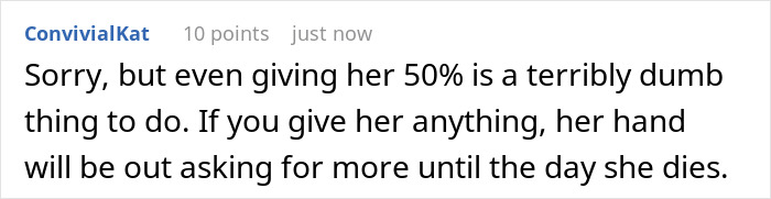 Screenshot of a comment discussing a woman compelling her daughter-in-law to pay rent in full and acting entitled after receiving half.
