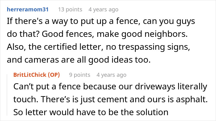 Comments discussing fence options and legal measures as parents treat neighbor&rsquo;s driveway like their own backyard.