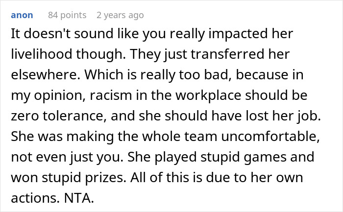 Screenshot of a text comment discussing workplace racism and a coworker's Islamophobic behavior.