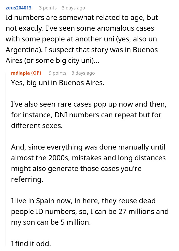 Reddit conversation about ID numbers related to age, errors in manual processing, and reuse of numbers in Spain. - 31