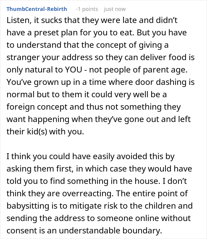 Comment discussing parent concerns about sharing address for DoorDash food delivery while babysitting, seen as overreaction. Comment discussing parent concerns about sharing address for DoorDash food delivery while babysitting, seen as overreaction.