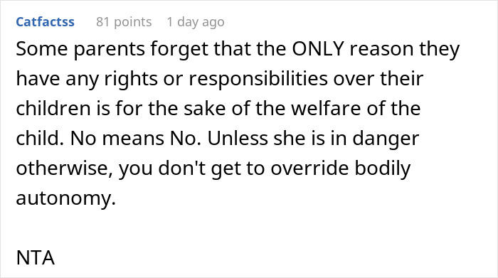 Comment discussing parental rights and bodily autonomy related to a mom giving her 12YO daughter a menstruation celebration. - 37