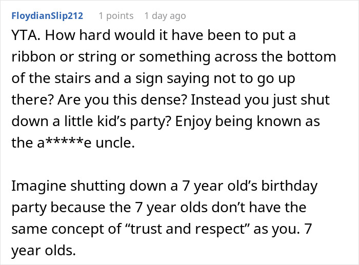 Reddit comment criticizing brother for cutting son&rsquo;s party short after sentimental toy got broken, upsetting woman.