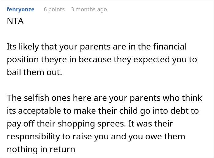 Comment showing someone refusing to sacrifice their future to fix parents’ financial mistakes and calling parents selfish. - 30