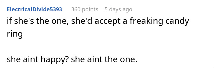 Screenshot of a Reddit comment discussing a girlfriend's reaction to a small proposal ring and sisters' opinions. Screenshot of a Reddit comment discussing a girlfriend's reaction to a small proposal ring and sisters' opinions.