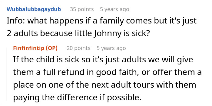Screenshot of an online discussion about a tour company refunding adults when a child is sick on a family tour. - 23