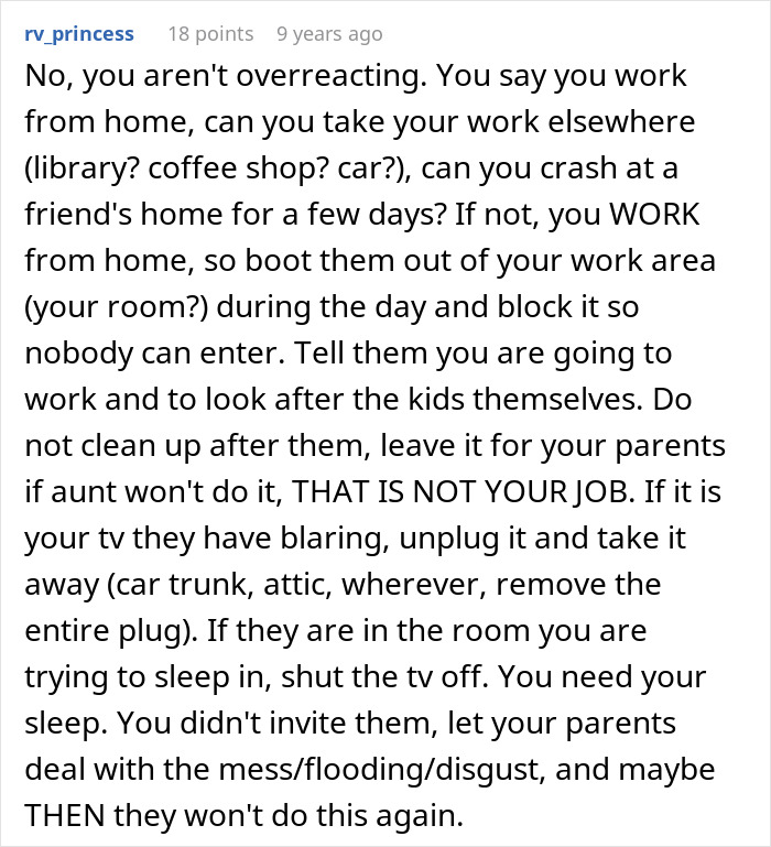 Comment advising boundaries for aunt invading home, demanding free childcare, and causing mess on woman's birthday. - 22