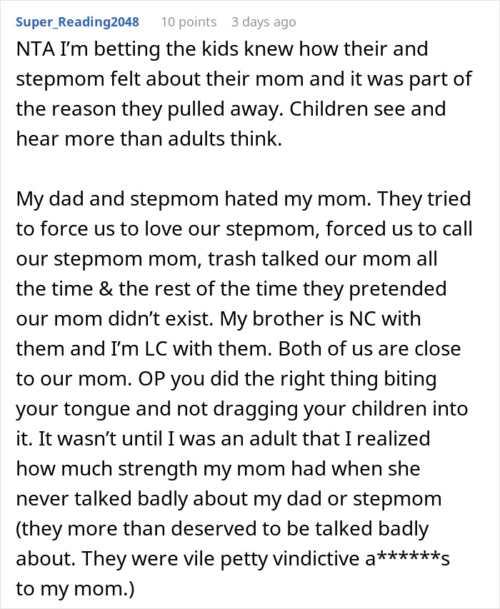 Comment discussing a dad destroying his marriage and kids choosing no-contact while blaming his ex.