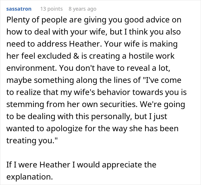 Screenshot of an online comment discussing jealous wife spying on husband at work and addressing workplace tensions.