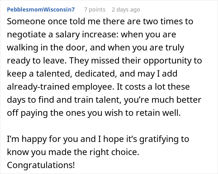 Comment discussing salary negotiation and the impact of wage reduction on employee retention and decisions to leave. - 26
