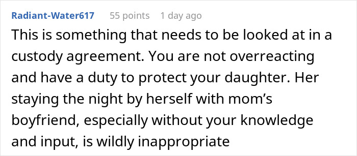 Comment discussing custody concerns about an 8-year-old spending the night at mom&rsquo;s boyfriend&rsquo;s house without dad&rsquo;s knowledge.