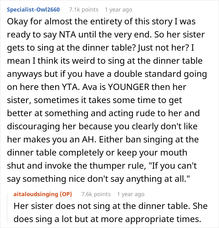 Screenshot of an online discussion about a stepmom banning teen from family dinners for singing at the table. Screenshot of an online discussion about a stepmom banning teen from family dinners for singing at the table.