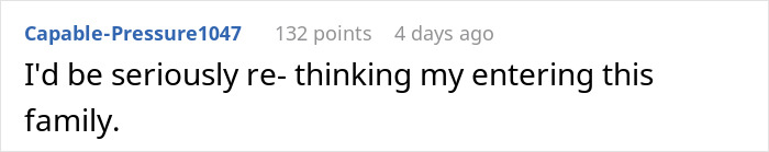 Reddit comment expressing doubt about joining a family where in-laws demand a woman quit her job for emasculating their son. - 40