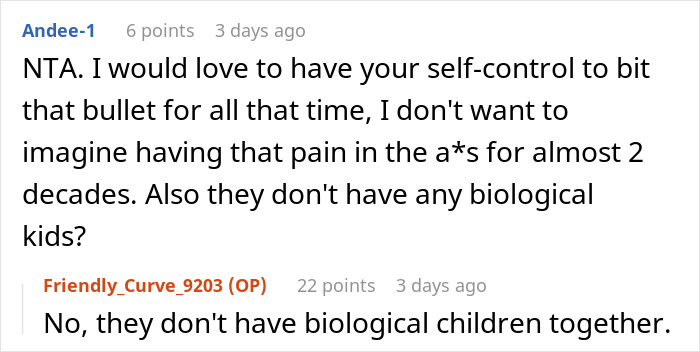 Screenshot of a Reddit comment discussing self-control and absence of biological children in a family conflict scenario.
