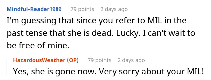 Screenshot of a Reddit conversation discussing a mother-in-law’s heartless reaction to a wife fearing her husband is lost at sea. Screenshot of a Reddit conversation discussing a mother-in-law’s heartless reaction to a wife fearing her husband is lost at sea.