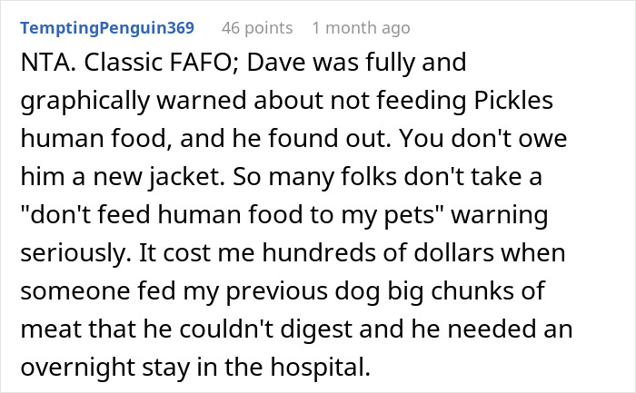 Comment discussing a woman refusing to replace nephew&rsquo;s jacket ruined by dog, mentioning ignored warnings and consequences.