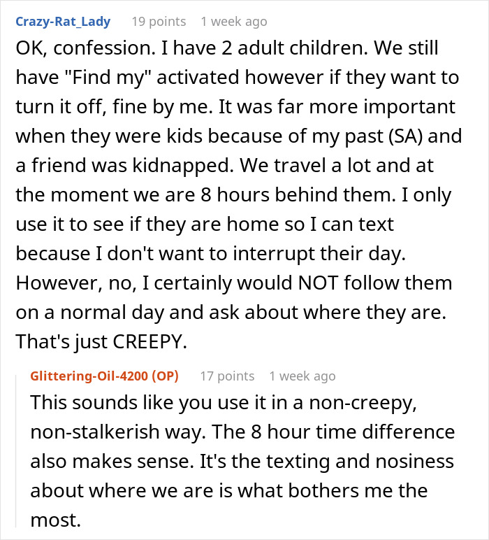 User comments discussing the appropriate and respectful use of a mil-tracking-app-son for checking location without being intrusive.