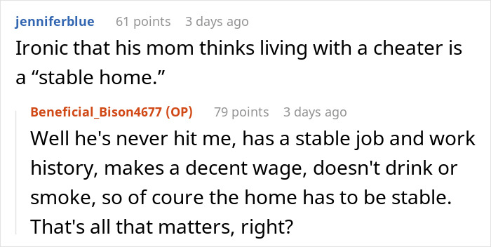 Online conversation showing users debating about teaching cheating being okay and a stable home environment.