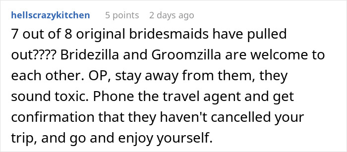Screenshot of a Reddit comment discussing bridesmaids pulling out and advising to confirm resort room cancellation status. - 31
