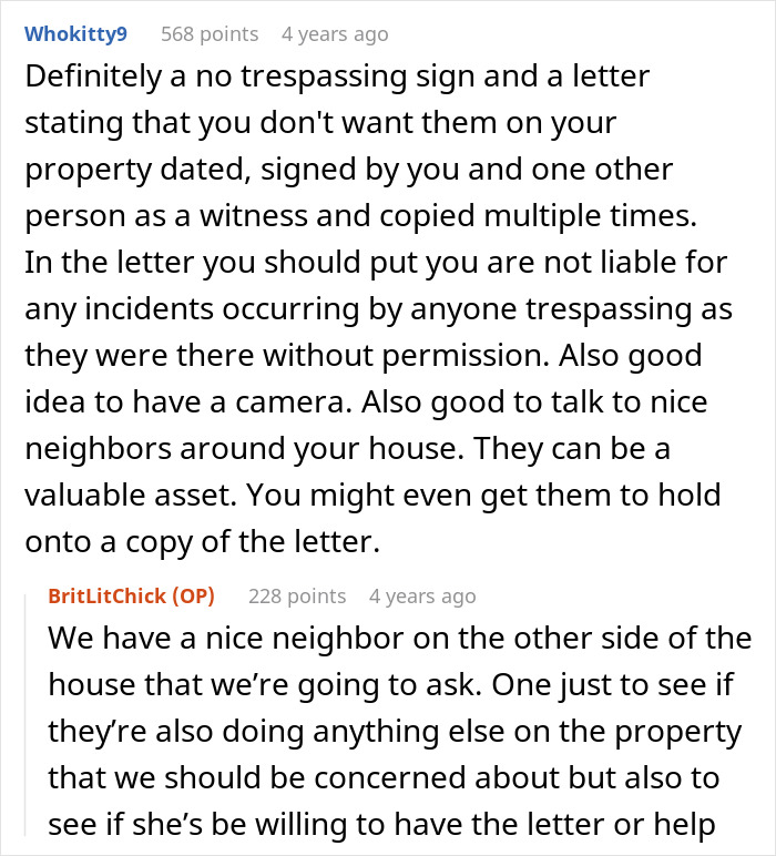 Comments discussing parents treating neighbor&rsquo;s driveway like their own backyard and homeowner&rsquo;s response to trespassing.