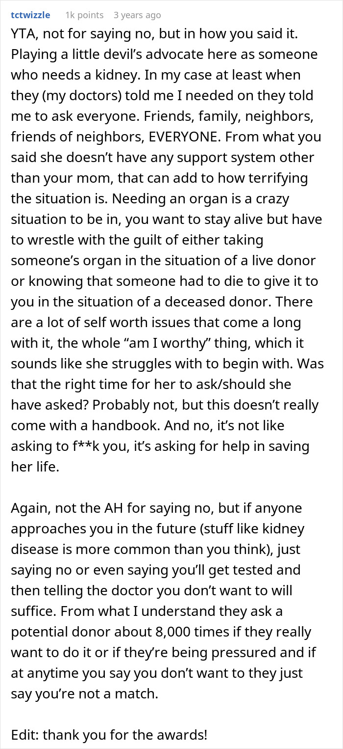 Screenshot of a detailed comment discussing the complexities of refusing to be an organ donor and related emotional struggles. - 22