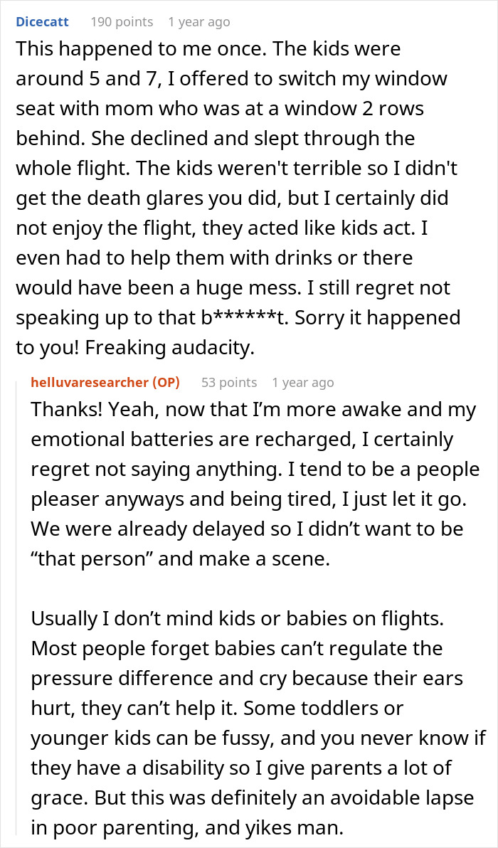 Comment thread discussing woman blamed for rowdy kids during flight while parents nearby got drunk and ignored them. - 22