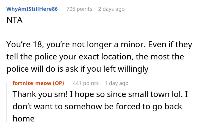 Screenshot of an online conversation discussing an adopted daughter moving out after graduation and parents playing favorites.