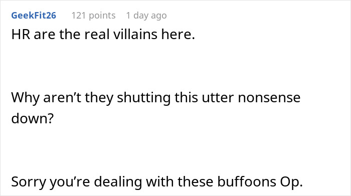 Comment thread discussing HR scheduling a meeting over coworker not sending GIFs in Slack, affecting morale concerns. - 21