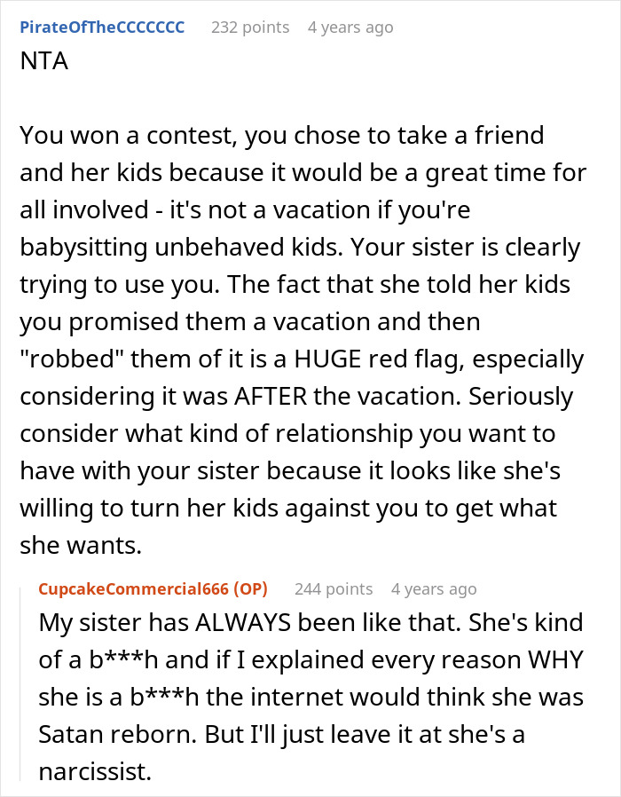 Comment thread discussing a vacation meant for four causing rift when a woman picks friend over sister and niblings. - 27
