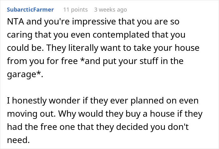 Comment highlighting a guy refusing to give his home to sister&rsquo;s family, emphasizing he is not a landlord.