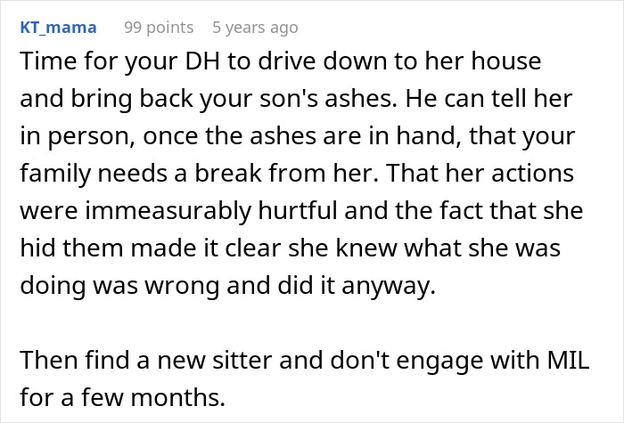 Commenter advises confronting entitled grandma over stolen grandson&rsquo;s ashes, highlighting family drama and hurt caused by her actions.