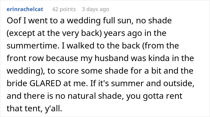 Comment describing a bride banning water bottles at a wedding with no shade in 102°F heat, causing discomfort to guests. Comment describing a bride banning water bottles at a wedding with no shade in 102°F heat, causing discomfort to guests.