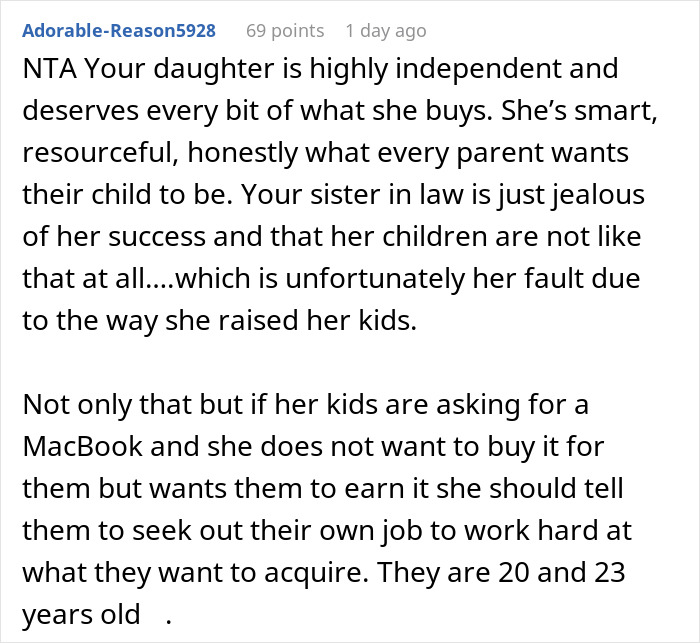 21-year-old spends hard-earned money on family vacation, causing aunt to feel upset about cousin jealousy.