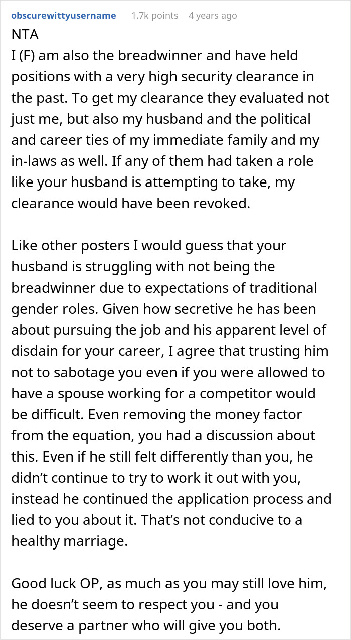 Commenter's detailed advice on asking husband to turn down dream job and managing career and relationship challenges. - 28