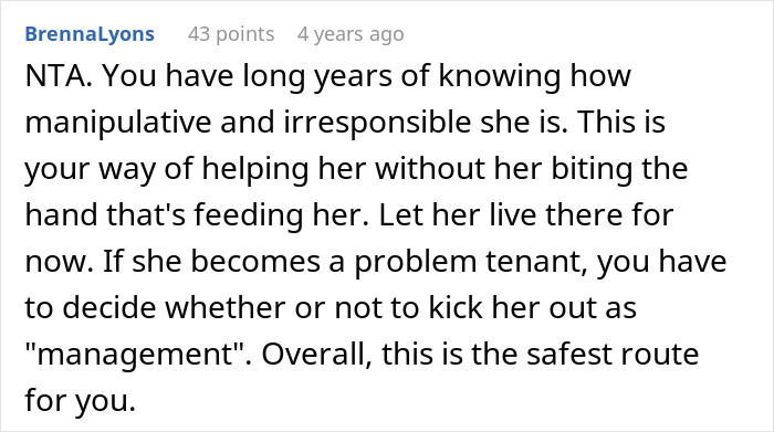 Screenshot of an online comment discussing a wife discovering her husband secretly owns and rents his mom&rsquo;s house to her.