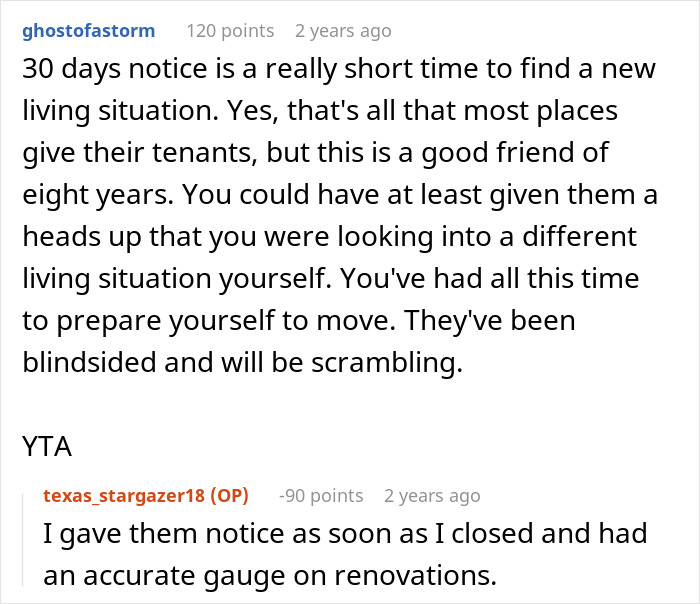 Reddit comments discussing not telling roommate about buying a house until closed and giving short notice to move.
