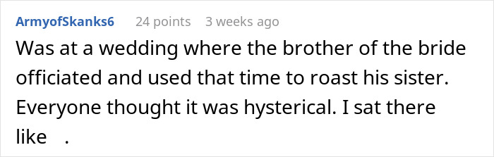 Comment from a user describing a best man&rsquo;s speech comparing the groom&rsquo;s bride choice to an IKEA shopping trip, shocking wedding guests.