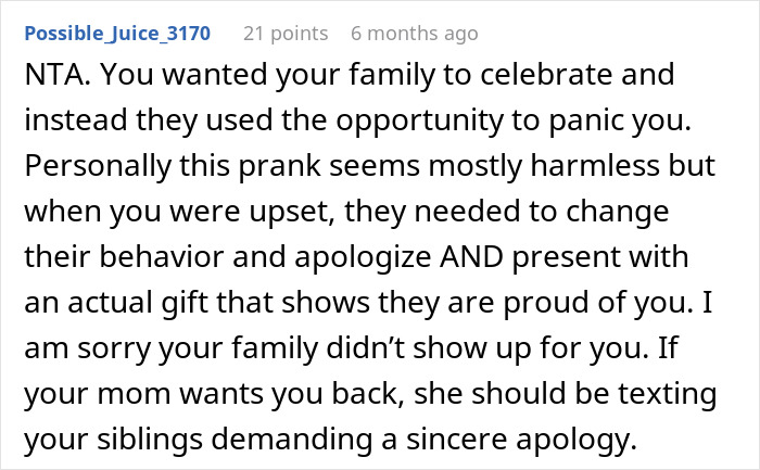Comment discussing a family stages fake legal notice prank on a woman and the impact on their relationship. Comment discussing a family stages fake legal notice prank on a woman and the impact on their relationship.