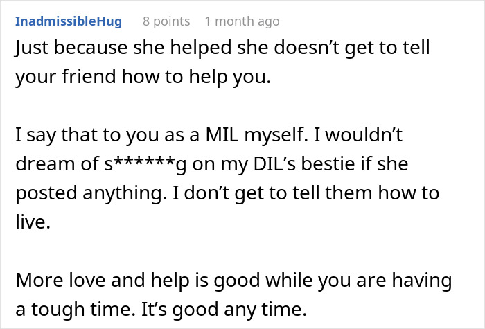 Comment discussing a mother-in-law's opinion on helping a woman battling cancer and offering support during tough times. - 27