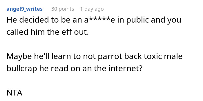 Reddit comment discussing a husband joking and wife responding with a brutal reality check in front of friends.