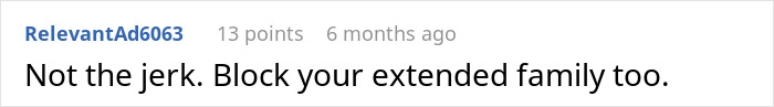 Screenshot of an online comment discussing a family stages fake legal notice prank on a woman and cutting contact with extended family. Screenshot of an online comment discussing a family stages fake legal notice prank on a woman and cutting contact with extended family.