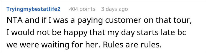 Screenshot of a forum comment discussing a tourist oversleeping and causing delays on a guided tour. - 23