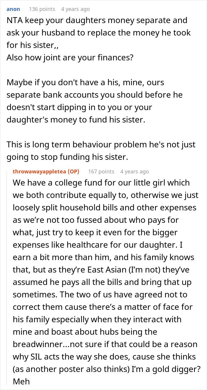Screenshot of Reddit discussion about husband promising daughter’s inheritance to sister and wife’s financial concerns. - 17