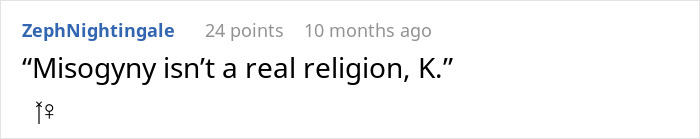 Text post stating misogyny isn&rsquo;t a real religion, responding to claim about feminine hygiene waste bins and religion.