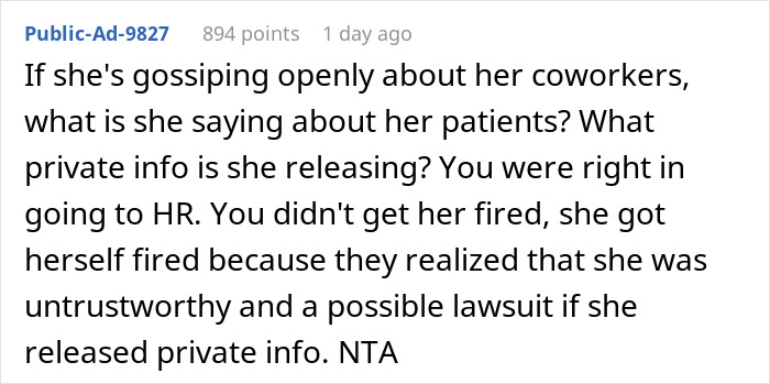 Comment discussing a nurse's untrustworthiness and potential lawsuit leading to her firing over accusations involving a family affair. Comment discussing a nurse's untrustworthiness and potential lawsuit leading to her firing over accusations involving a family affair.